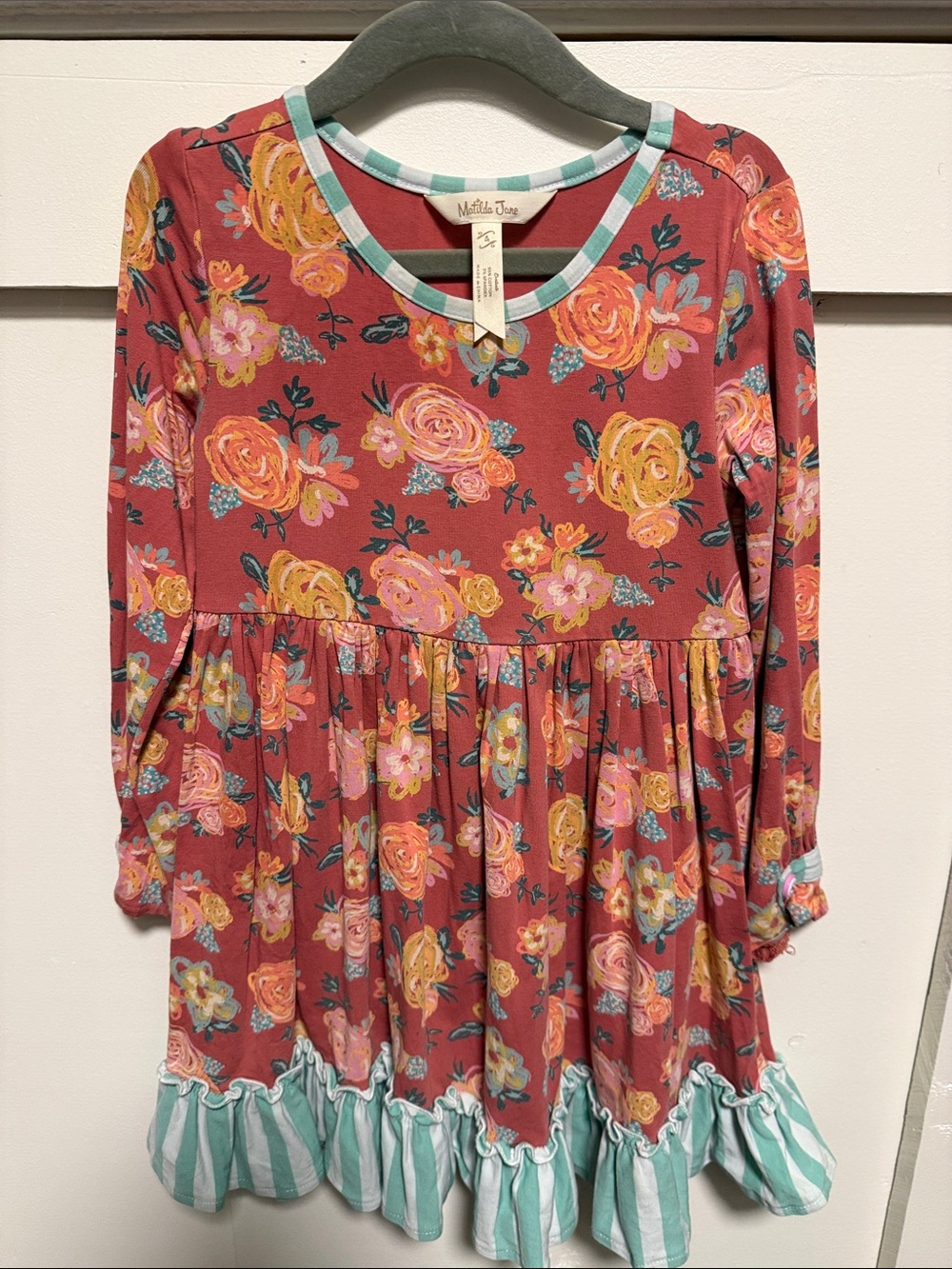 Matilda Jane Soft Rust Fall  Floral Long-Sleeve Dress with Mint Stripe Ruffle
